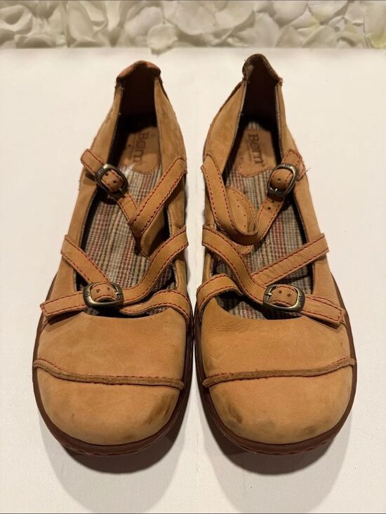 Born Shoes - Born Tan Leather Triple-Strap Mary Jane Flats